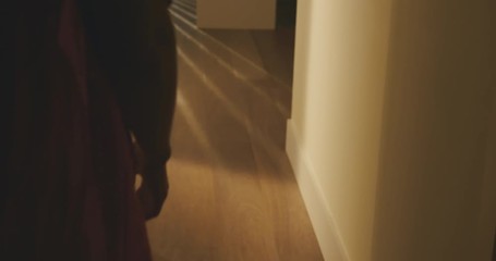 Young woman walking in city apartment at sunset