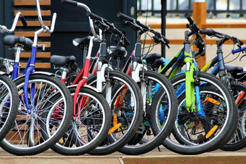 Fototapeta na wymiar A lot of colorful bikes without people