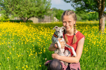 rin Mädchen mit Ihrem Hundewelpen im Butterblumenfeld