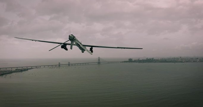 Military Drone (UAV) Predator flying over Mumbai City near Sealink