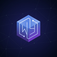 Initial letter WY, block chain, looping mono line circuit letter on hexagon cube logo, blue magenta gradient color on black blue network background