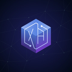 Initial letter XA, block chain, looping mono line circuit letter on hexagon cube logo, blue magenta gradient color on black blue network background