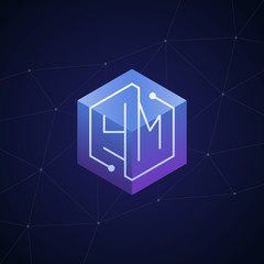 Initial letter YM, block chain, looping mono line circuit letter on hexagon cube logo, blue magenta gradient color on black blue network background