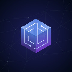 Initial letter ZE, block chain, looping mono line circuit letter on hexagon cube logo, blue magenta gradient color on black blue network background