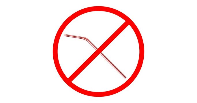 ban sign of disposable plastic drinking straws isolated on white background, stock video animation in 4k resolution