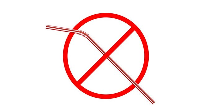 ban sign of disposable plastic drinking straws isolated on white background, stock video animation in 4k resolution