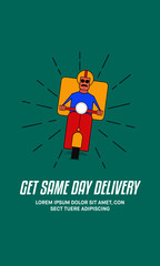 Same Day Delivery Concept. Delivery Courier Boys delivering package on a retro scooter