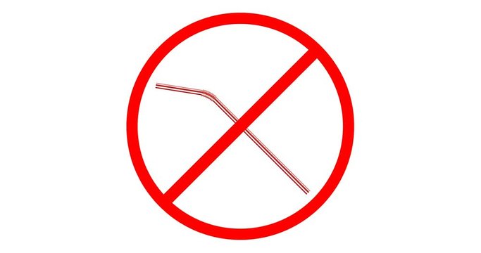 ban sign of disposable plastic drinking straws isolated on white background, stock video animation in 4k resolution