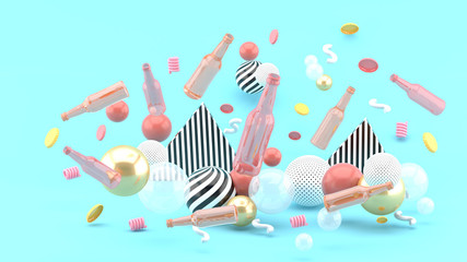 Glass bottle and cap among the colorful balls on the blue backdground.-3d rendering.