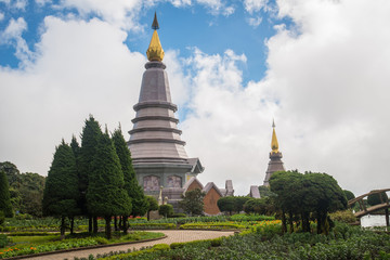Fototapeta premium The landscape and iconic King and Queen Pagodas on Doi Inthanon the highest mountains in Chiang Mai province of Thailand.