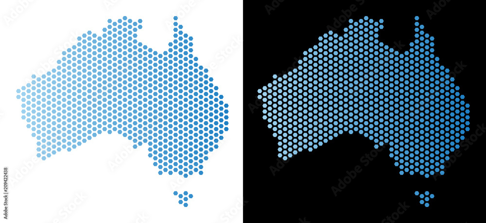 Poster honeycomb australia map. vector geographic scheme in light blue color with horizontal gradient on wh