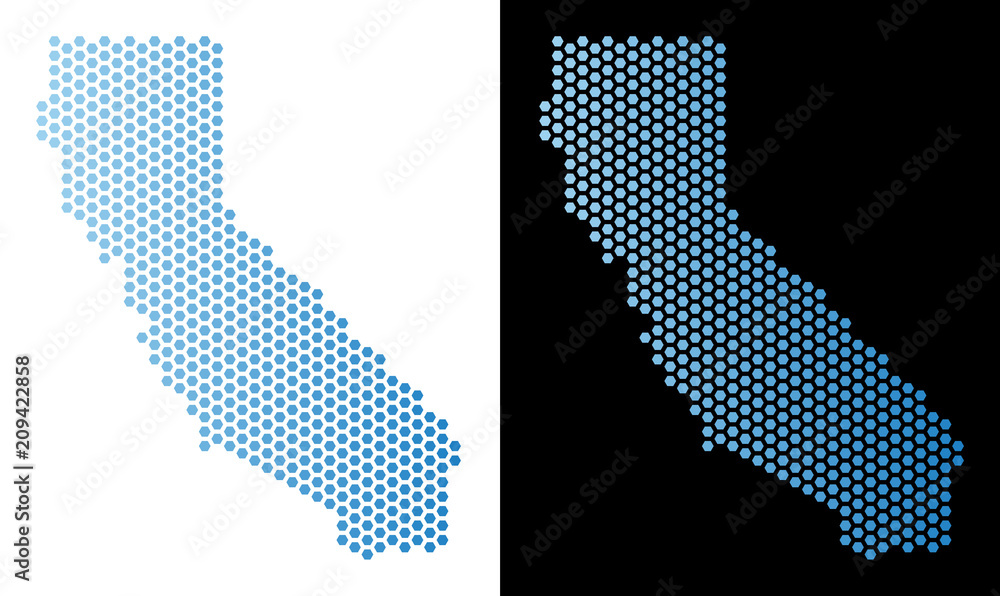 Poster hex tile california map. vector territory scheme in light blue color with horizontal gradient on whi