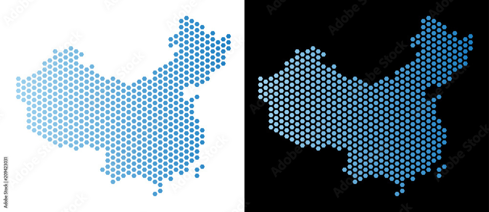 Poster hexagon china map. vector geographic scheme in light blue color with horizontal gradient on white an
