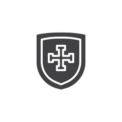 Shield with cross vector icon. filled flat sign for mobile concept and web design. Protection simple solid icon. Armor symbol, logo illustration. Pixel perfect vector graphics