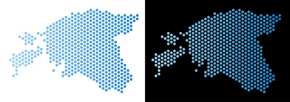 Hex-Tile Estonia map. Vector territorial scheme in light blue color with horizontal gradient on white and black backgrounds. Abstract Estonia map composition is made from hex-tile spots.