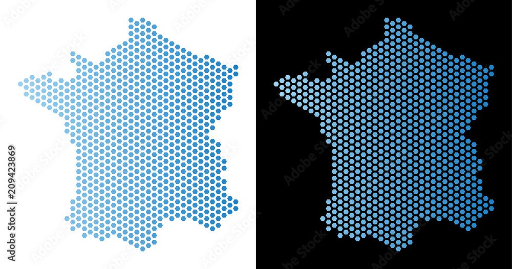 Poster honeycomb france map. vector geographic scheme in light blue color with horizontal gradient on white