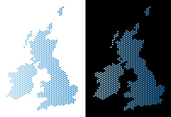 Hex Tile Great Britain and Ireland map. Vector territory scheme in light blue color with horizontal gradient on white and black backgrounds.