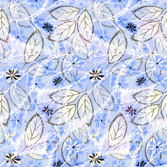 Seamless abstract floral pattern on light blue background.