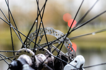 Front Hub of a Mountain Bike Close-Up. Bicycle Disc Brake Rotor