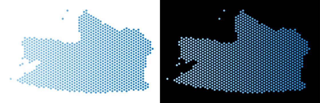 Hex Tile Kaliningrad Region map. Vector geographic plan in light blue color with horizontal gradient on white and black backgrounds.