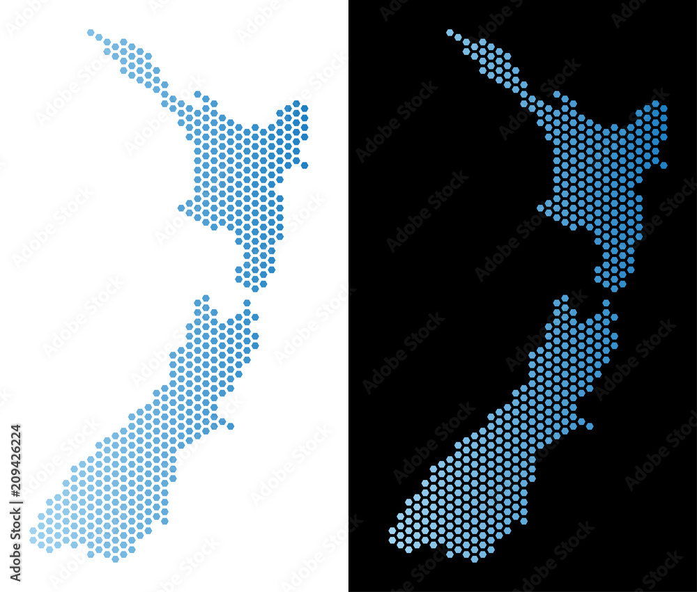 Poster hexagon new zealand map. vector geographic scheme in light blue color with horizontal gradient on wh