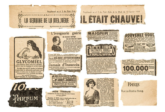 Newspaper pieces vintage advertising French magazine pages
