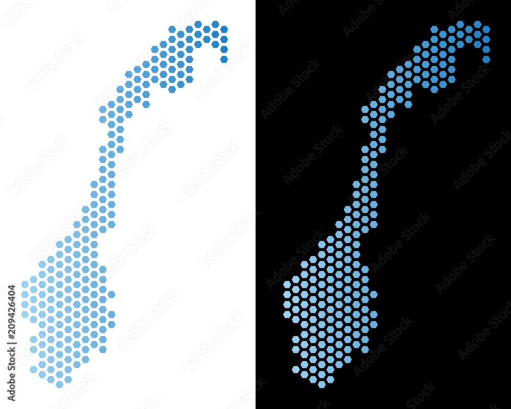 Poster hex-tile norway map. vector territory plan in light blue color with horizontal gradient on white and