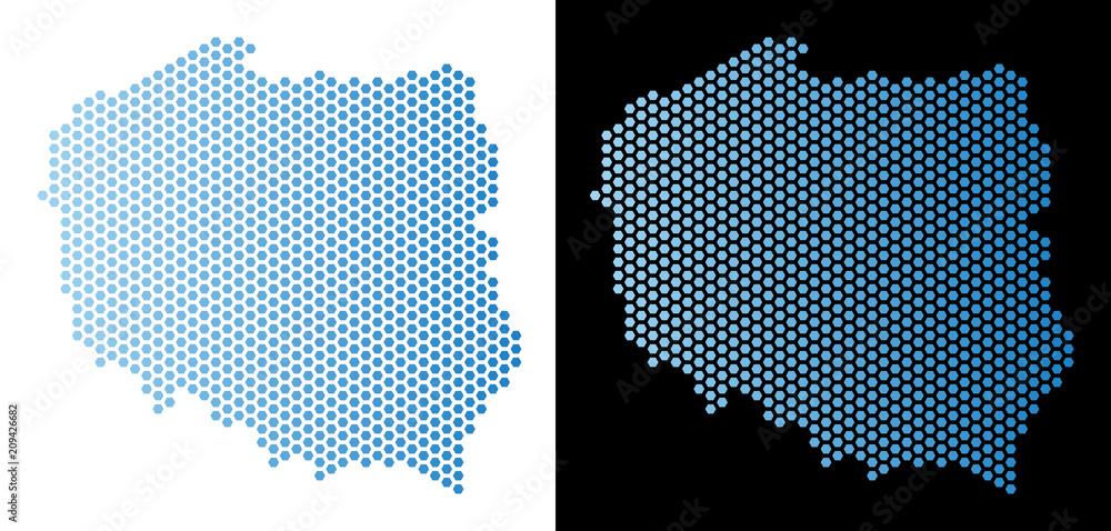 Poster hex tile poland map. vector geographic scheme in light blue color with horizontal gradient on white 