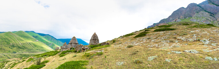 Panaramic view on ancient necropolis in Caucasus Mountains, Kabardino-Balkaria, Russia