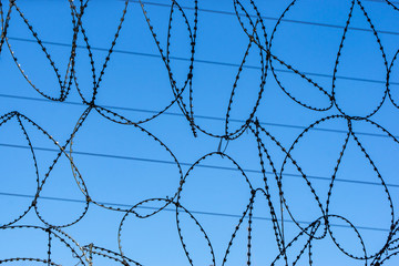 barbed wire on blue sky background