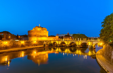 Night view of Castle Sant Angelo (Mausoleum of Hadrian), bridge Sant Angelo and river Tiber in...