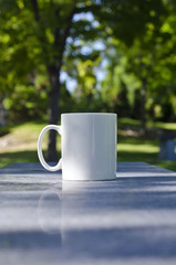 A blank white coffee mug on the marble bench of the local park. 