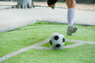 Fototapeta premium The soccer player shoot ball at corner