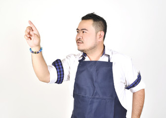 Asian entrepreneur fat man touching an imaginary button virtual screen standing on white background 