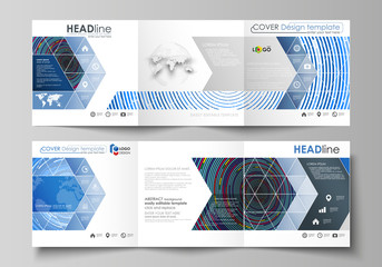 Set of business templates for tri fold square design brochures. Leaflet cover, abstract flat layout, easy editable vector. Blue color background in minimalist style made from colorful circles.