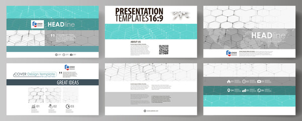 Business templates in HD format for presentation slides. Abstract vector layouts in flat design. Chemistry pattern, hexagonal molecule structure on blue. Medicine, science and technology concept.