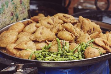 Traditional Indian street food, Fried Kachori and samosa