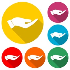 Illustration of a hand offering, Hand icon, color icon with long shadow