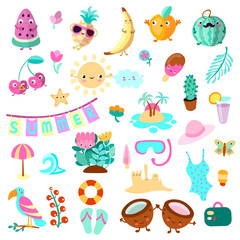Obraz premium Set of summer and vacation elements. Cute cartoon vector illustration about summer holidays and vacations, summer time and relax. Collection of cartooning summer objects for vacation advertizing