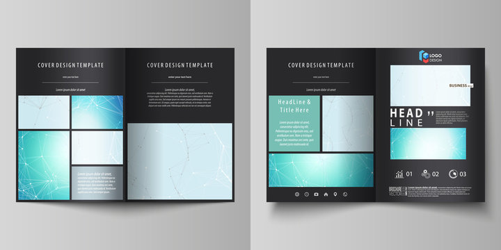 The black colored vector illustration of the editable layout of two A4 format modern covers design templates for brochure, flyer, booklet. Futuristic high tech background, dig data technology concept.