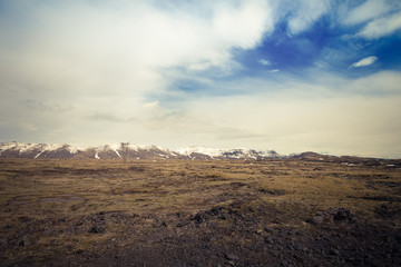 Fototapeta na wymiar Stony rocky desert landscape of Iceland. Toned