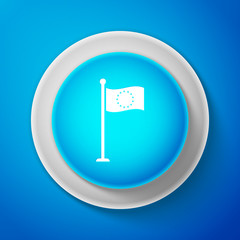 White Flag of European Union icon isolated on blue background. EU circle symbol. Waving EU flag on a metallic pole. Circle blue button with white line. Vector Illustration