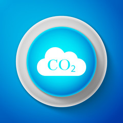 White CO2 emissions in cloud icon isolated on blue background. Carbon dioxide formula symbol, smog pollution concept, environment concept, combustion products. Circle blue button. Vector Illustration