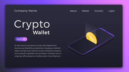 Cryptocurrency wallet. Isometric illustration of Cryptocurrency mobile storage app concept. Online wallet Landing page design
