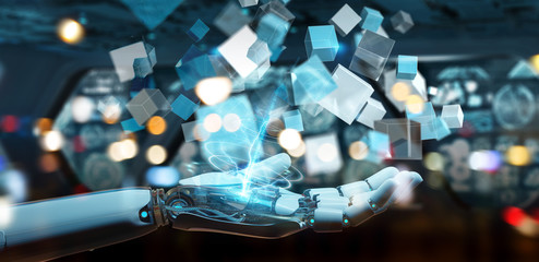 White cyborg hand using blue digital cube structure 3D rendering