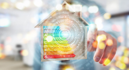 Businessman using 3D rendering energy rating chart in a wooden house