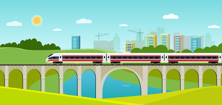 Train on railway and bridge with forest and river. Cityscape panoramic. Vector flat style illustration
