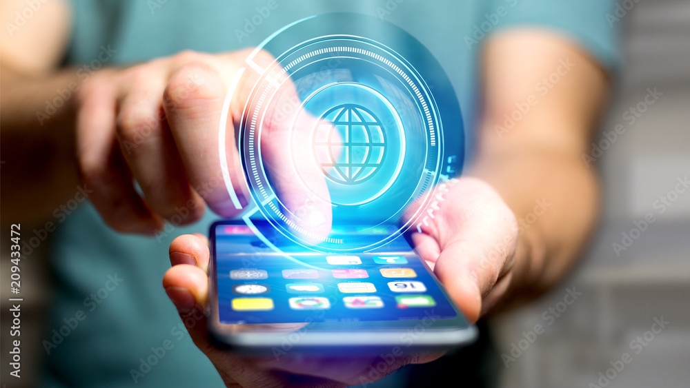 Aufkleber businessman using a smartphone with a shinny technologic globe button - 3d render
