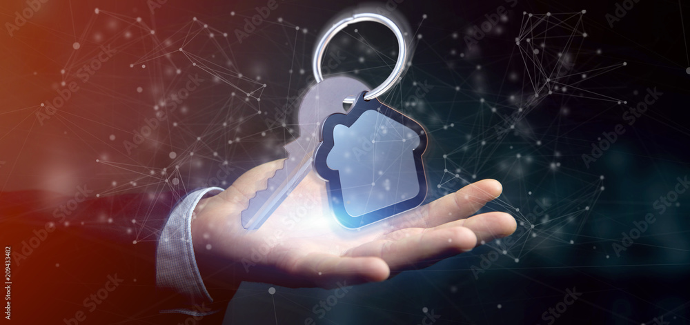 Aufkleber man holding a key and house 3d rendering