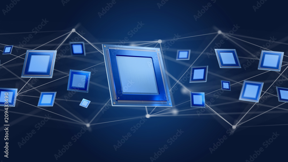 Poster processor chip and network connection - 3d render